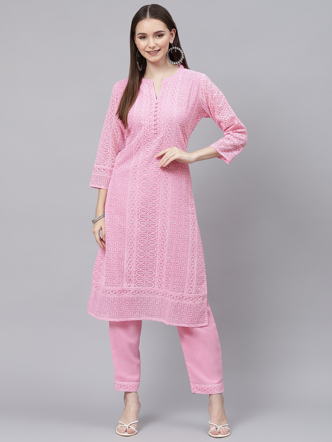 

ZOLA Pink Ethnic Motifs Embroidered Chikankari Kurta with Trousers