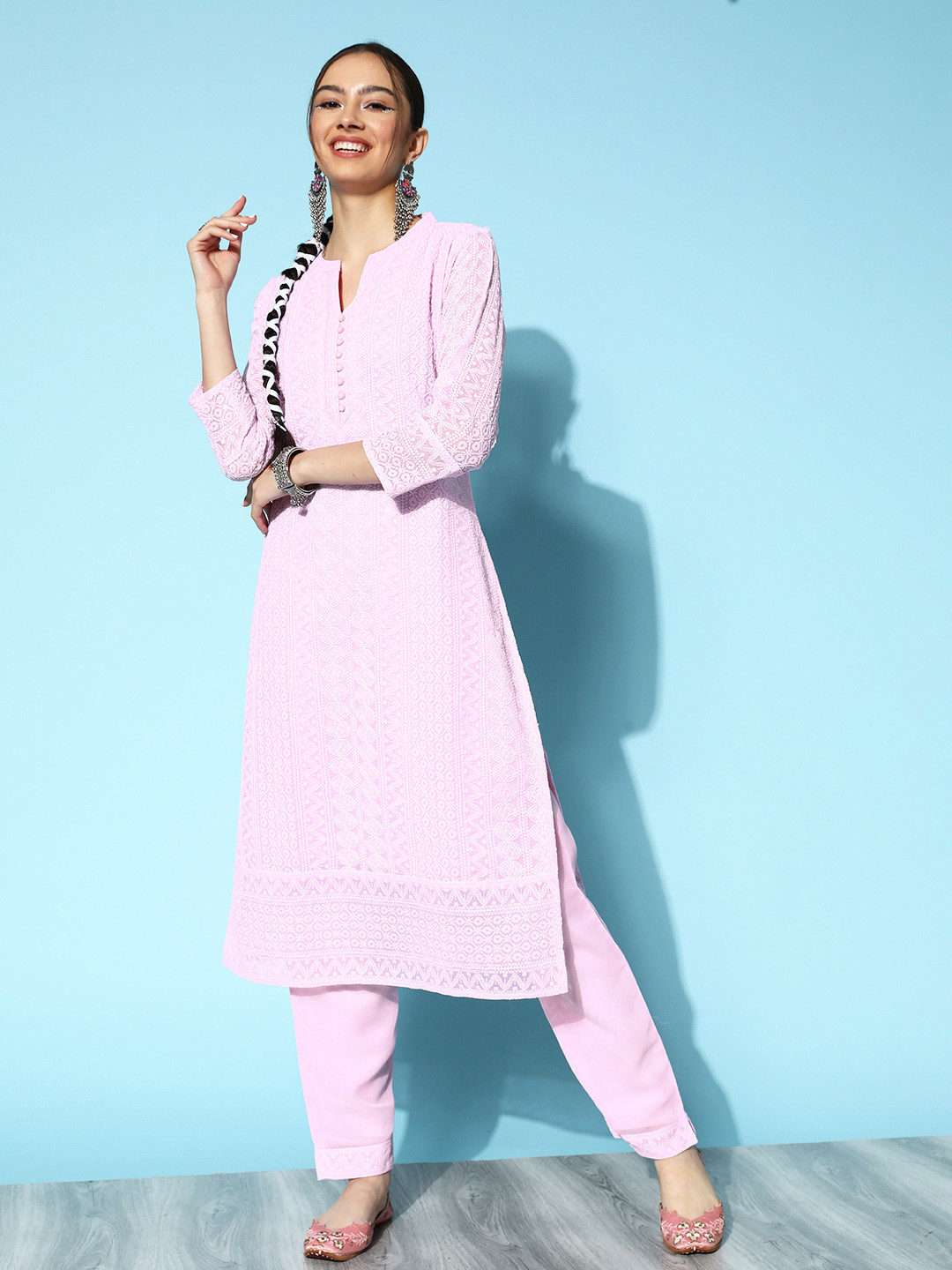 

ZOLA Pink Ethnic Motifs Embroidered Chikankari Kurta with Trousers