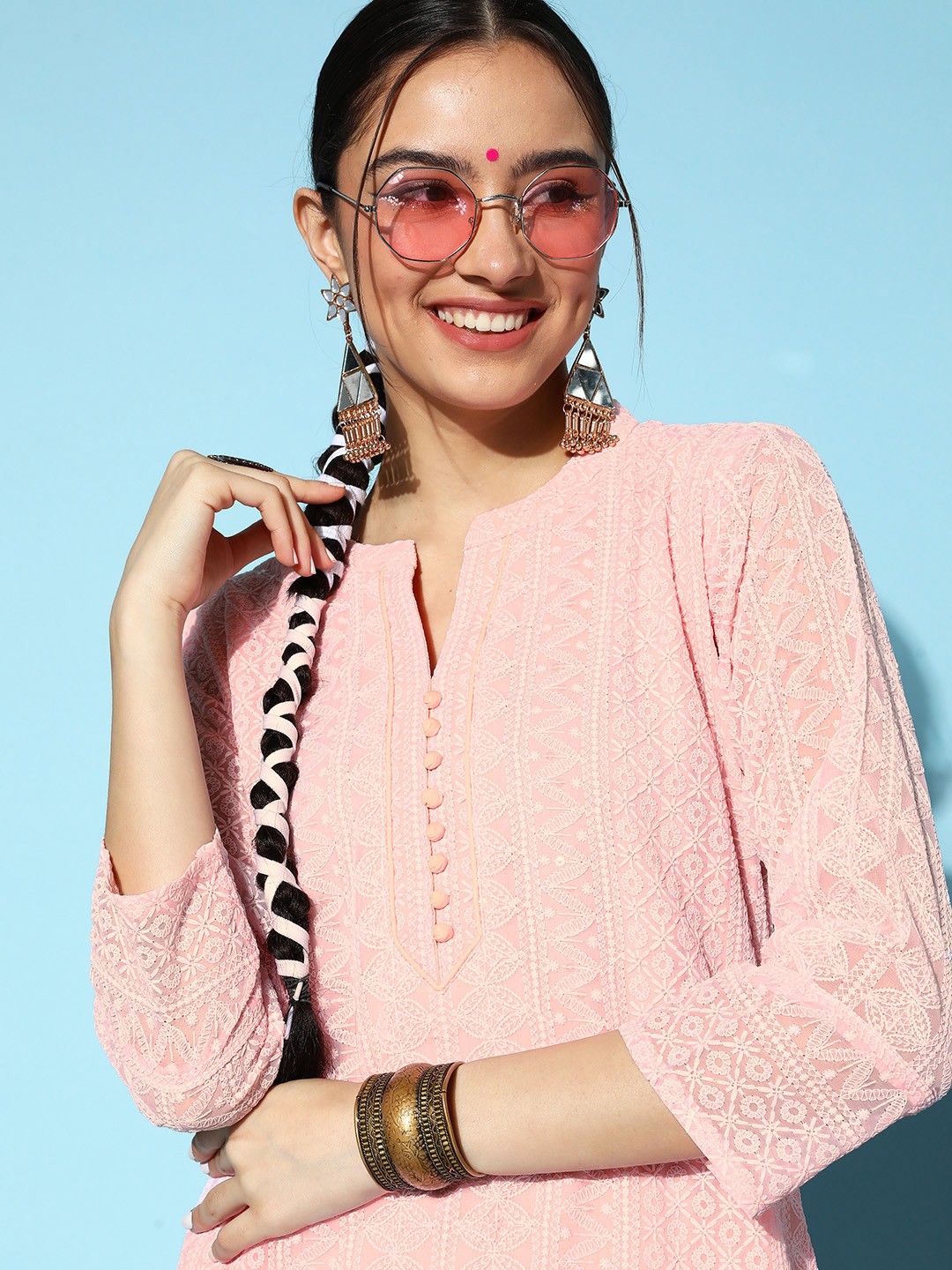 

ZOLA Pink Ethnic Motifs Embroidered Chikankari Kurta with Trousers