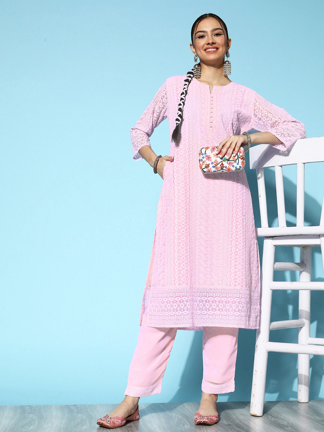 

ZOLA\ Pink Ethnic Motifs Embroidered Chikankari Kurta with Trousers