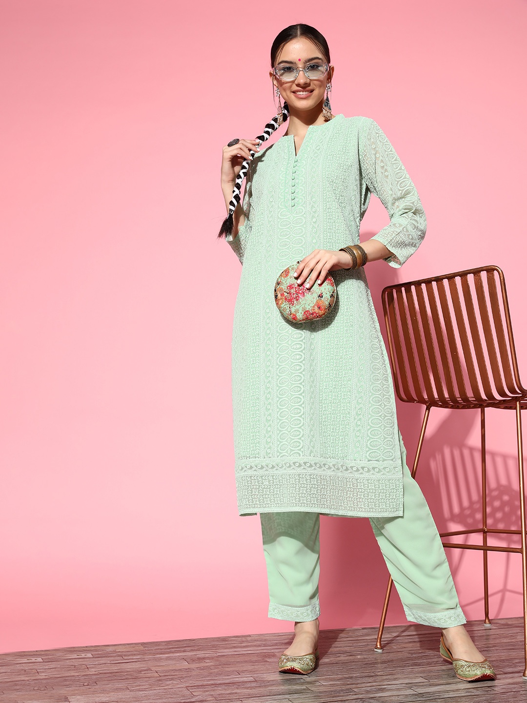 

ZOLA Sea Green Ethnic Motifs Embroidered Chikankari Kurta with Trousers