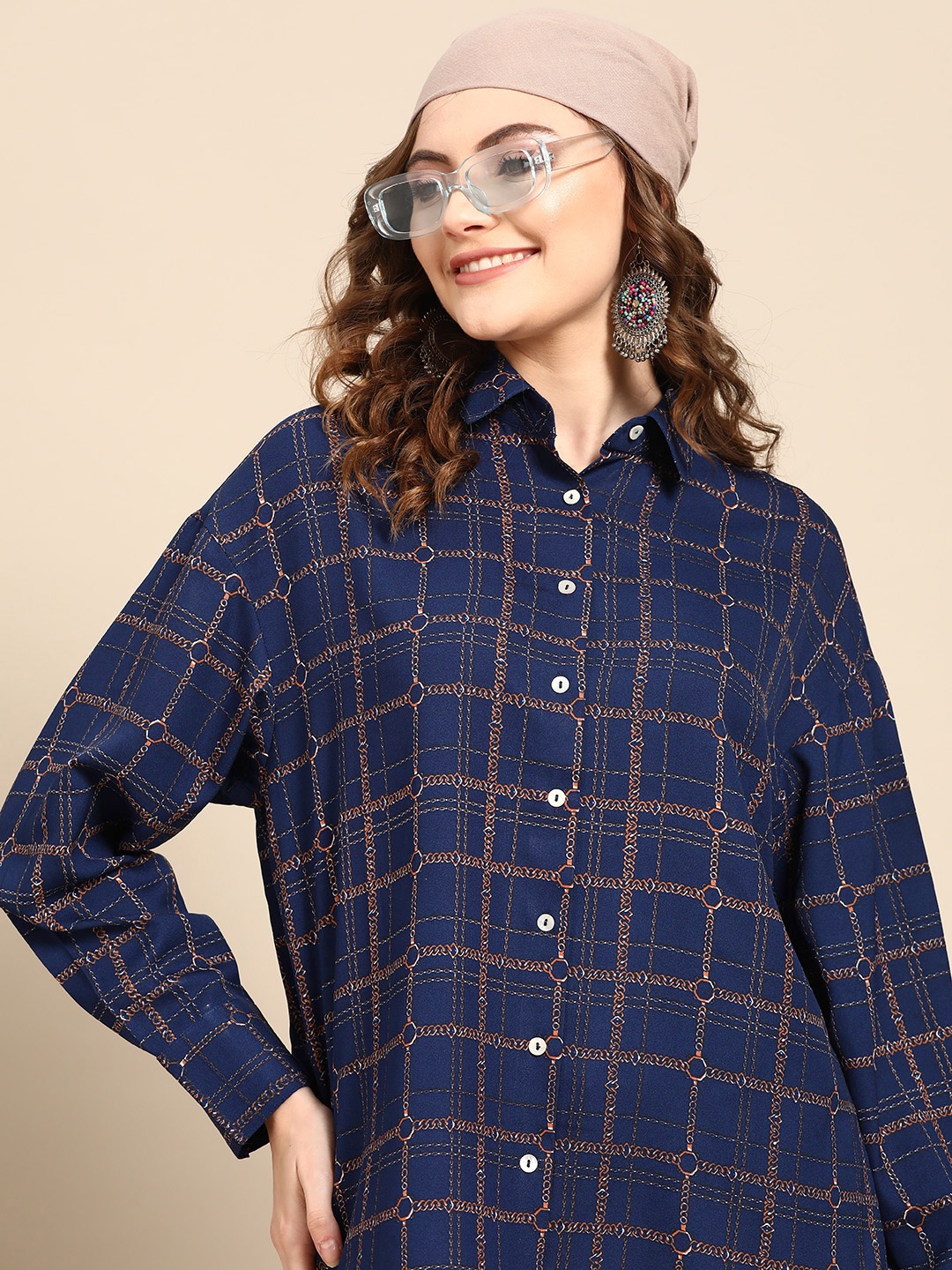 

Sangria Women Blue & Orange Relaxed Checked Casual Shirt