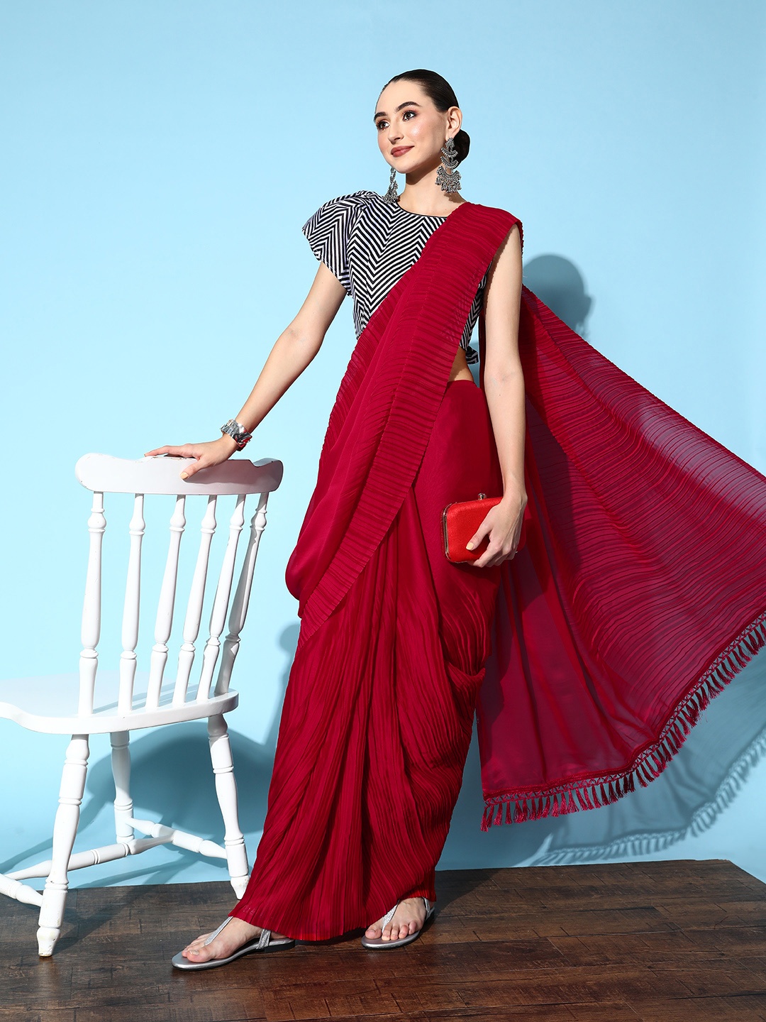 

Shaily Red Accordion Pleated Art Silk Saree