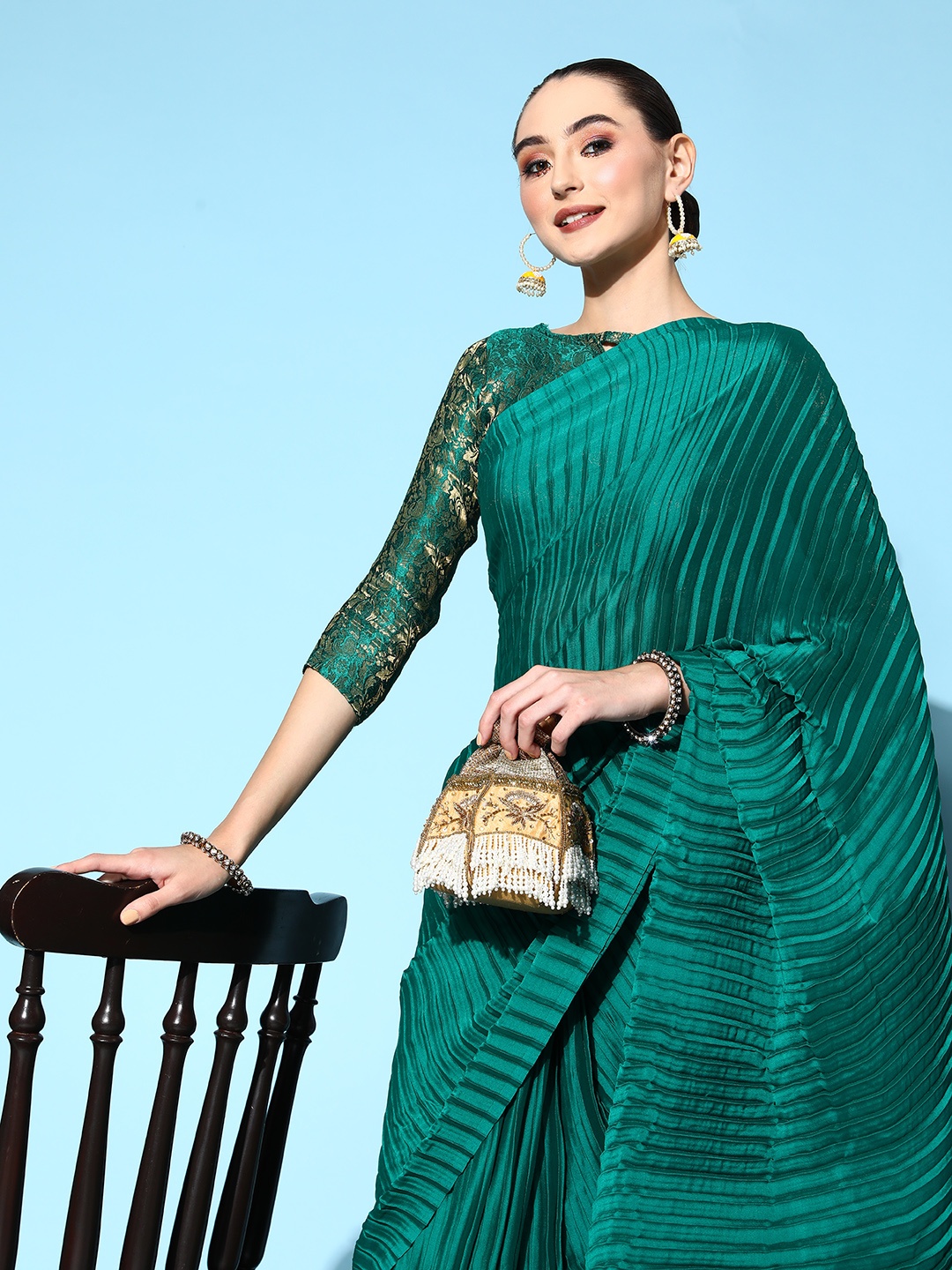 

Shaily Green Accordion Pleated Art Silk Saree