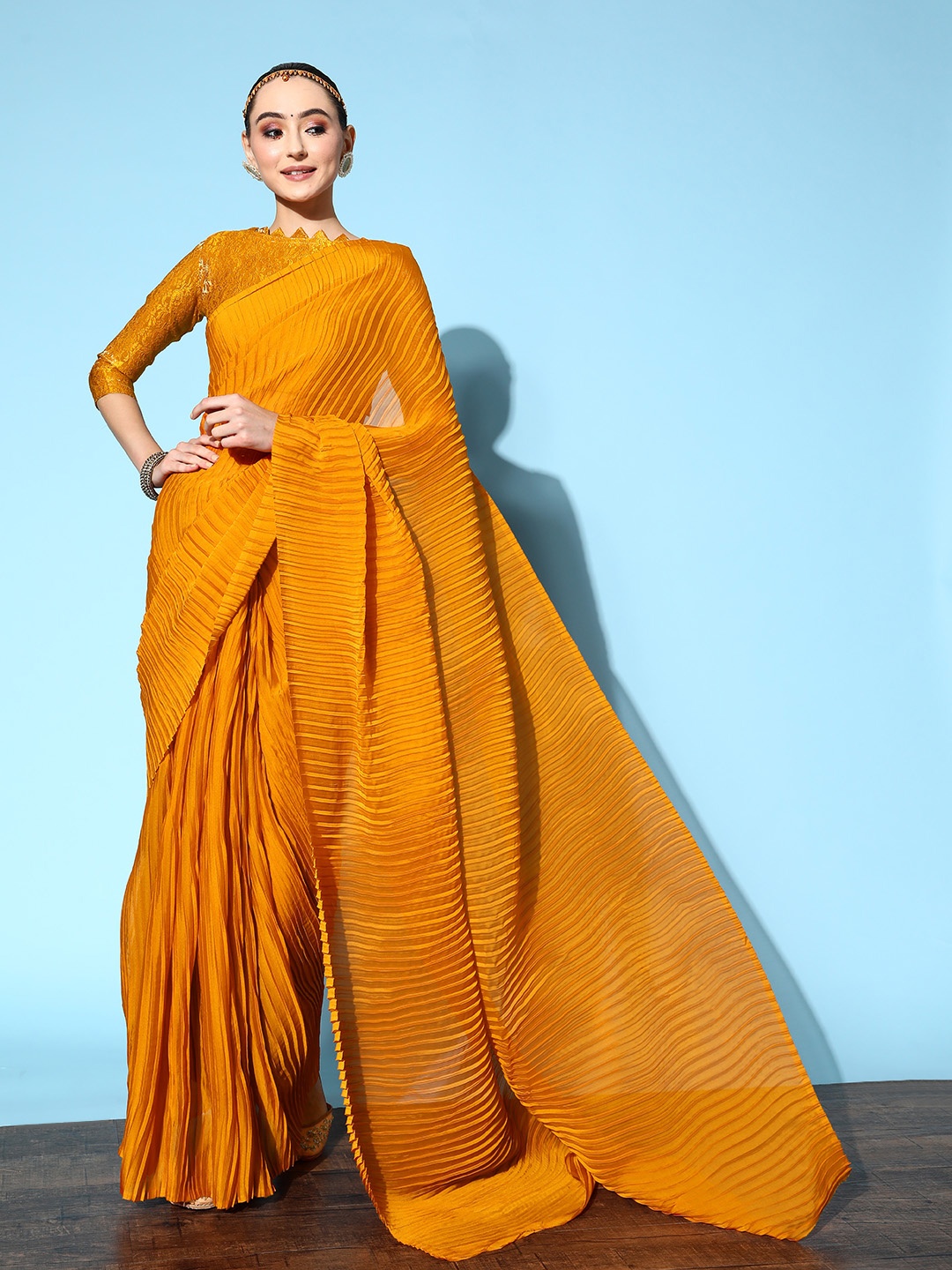 

Shaily Mustard Yellow Accordion Pleated Art Silk Saree