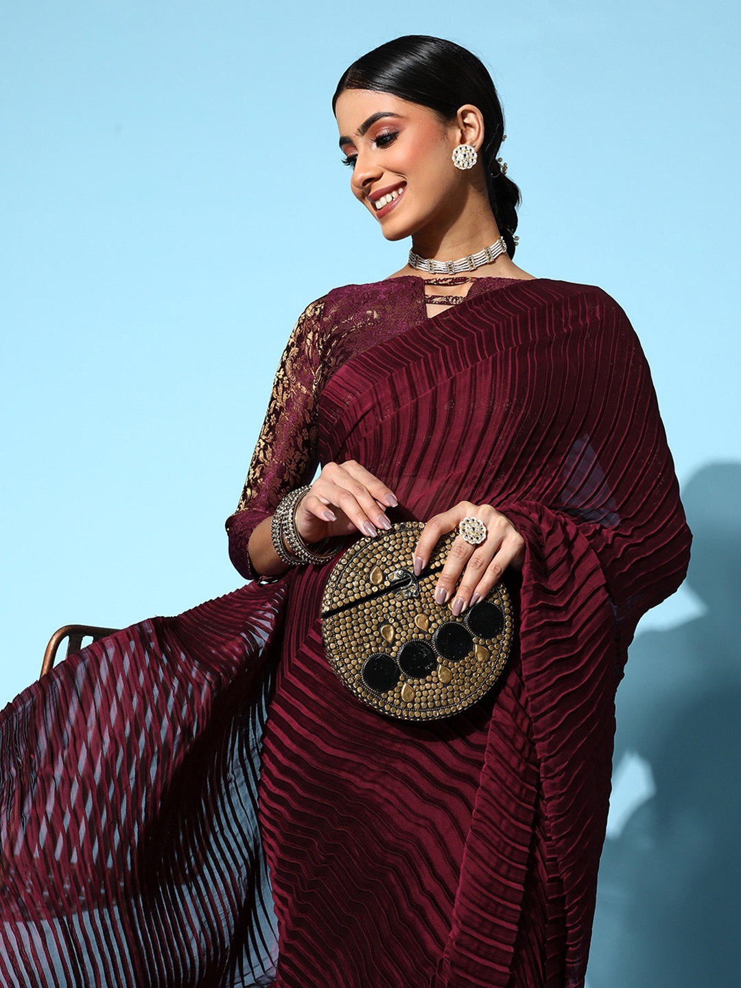 

Shaily Purple Accordion Pleated Art Silk Saree