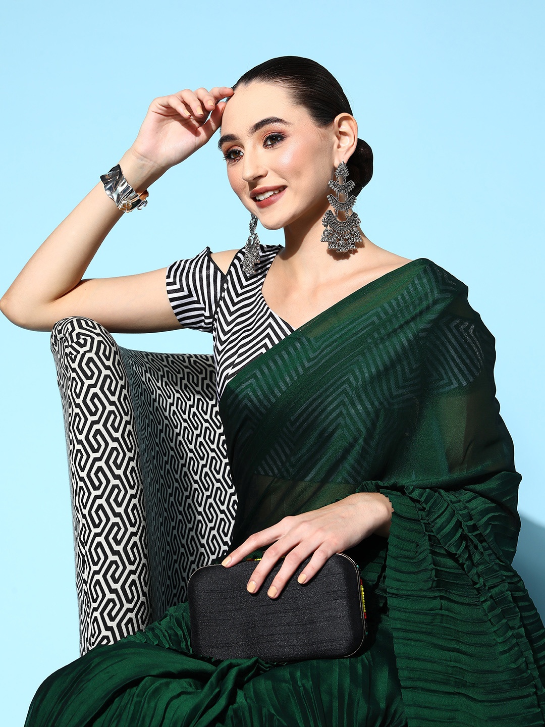 

Shaily Green Accordion Pleated Art Silk Saree