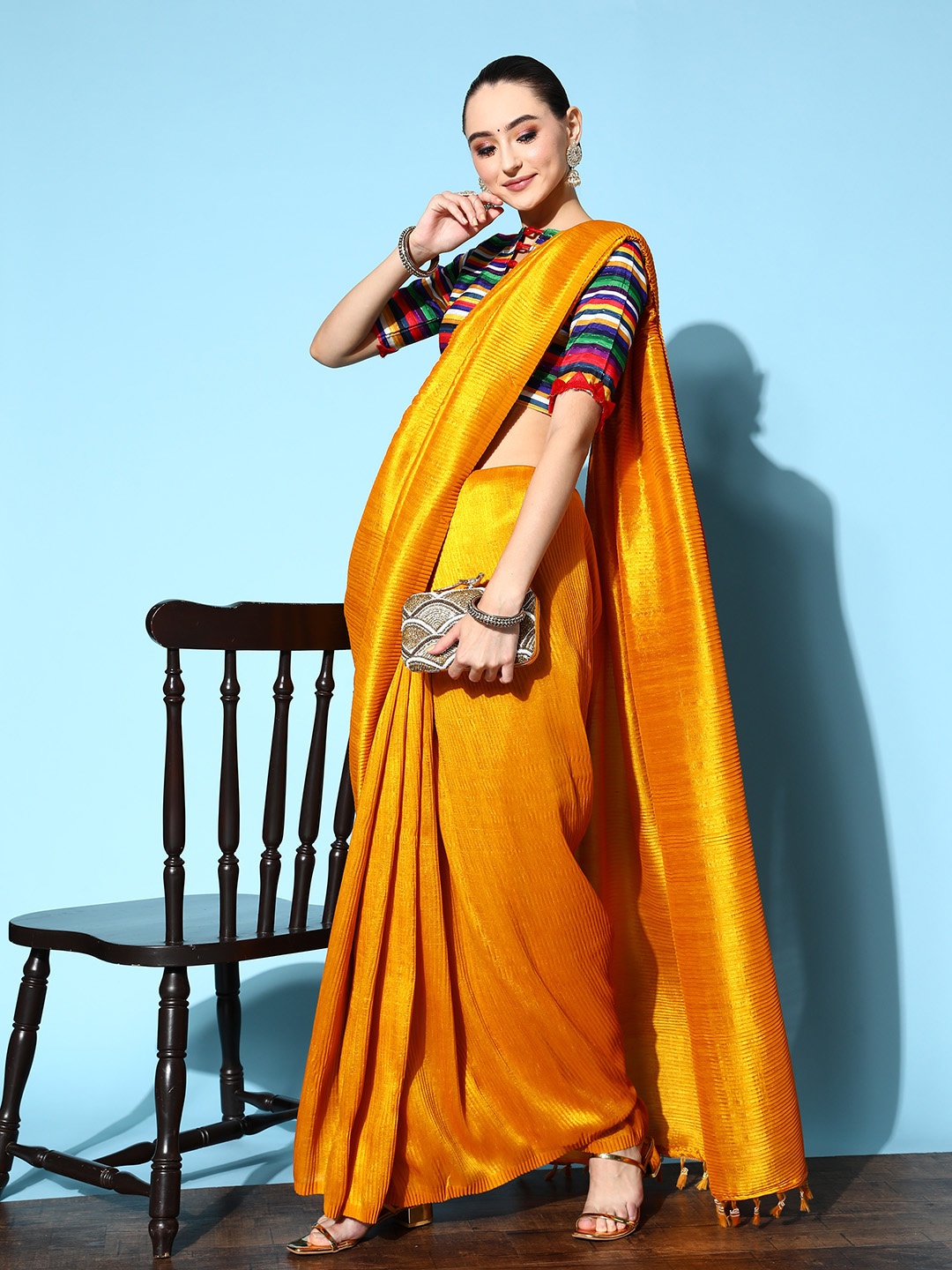 

Shaily Mustard Yellow Self Striped Art Silk Saree