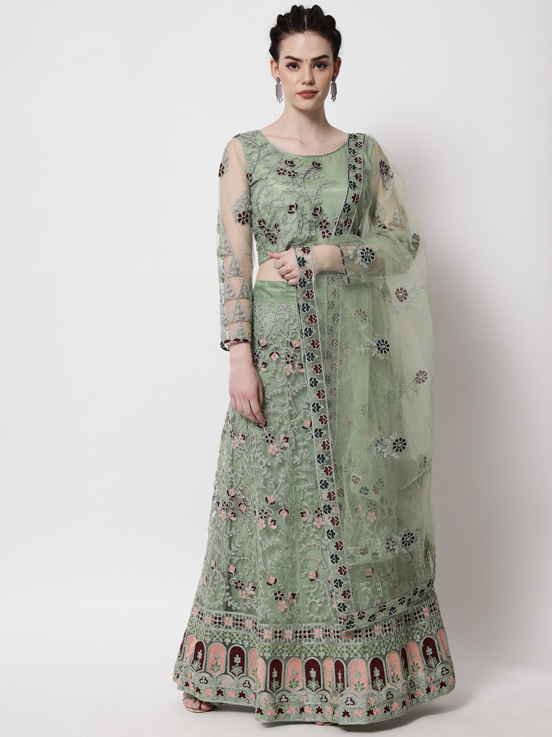 

VAANI CREATION Embroidered Thread Work Semi-Stitched Lehenga & Unstitched Blouse With, Olive