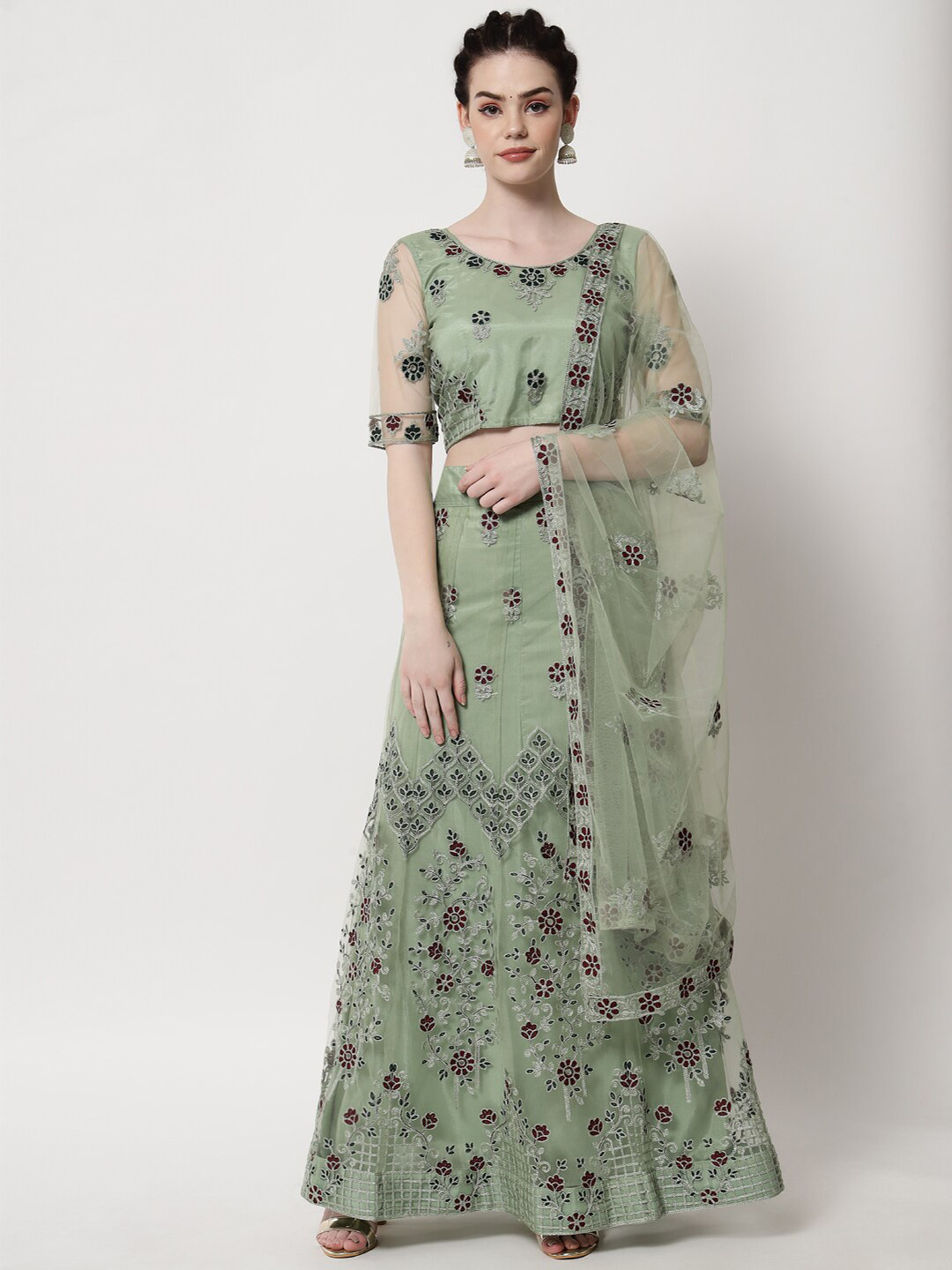 

VAANI CREATION Embroidered Semi-Stitched Lehenga & Unstitched Blouse With Dupatta, Olive