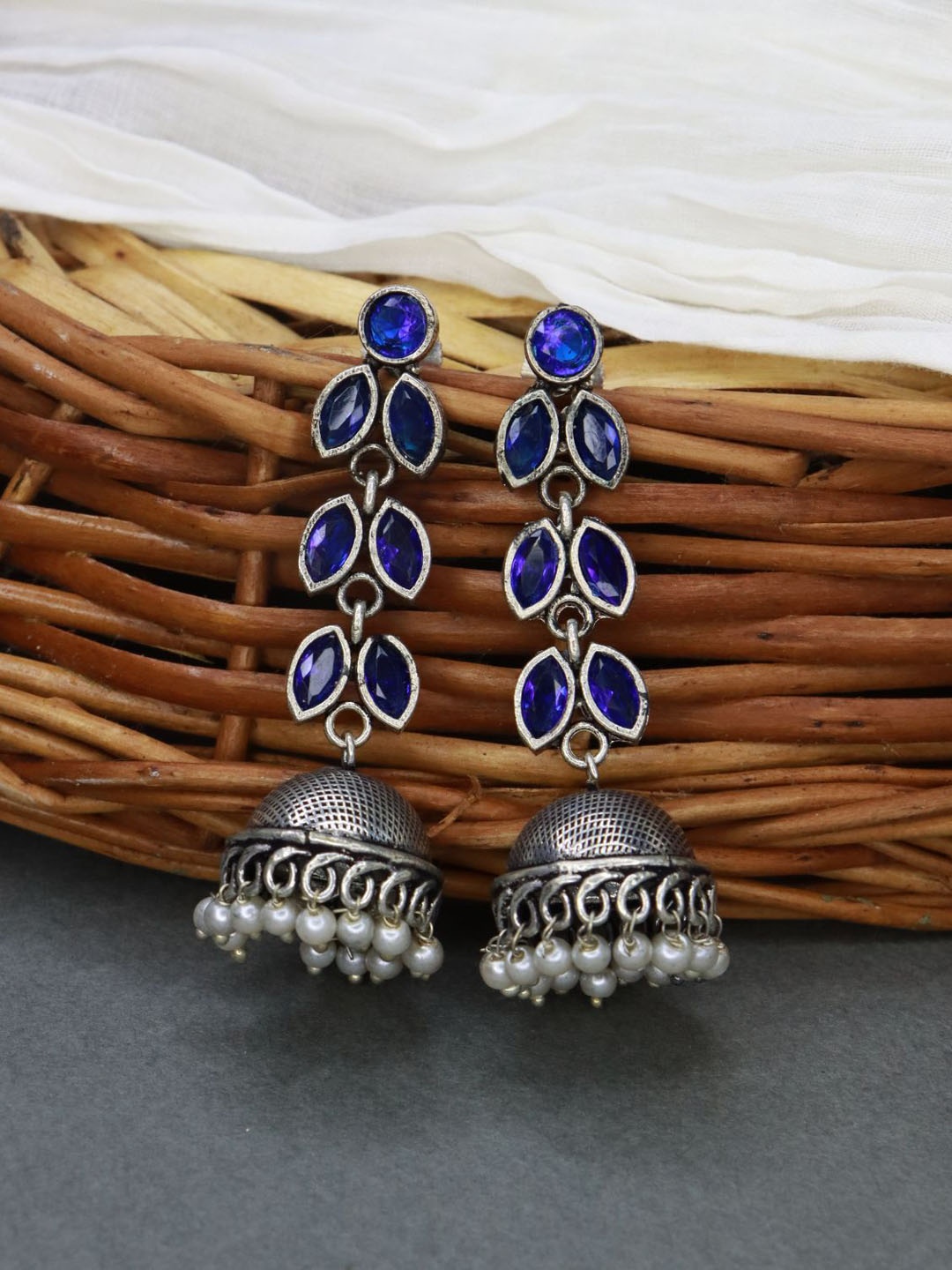 

I Jewels Blue Silver Oxidised Contemporary Jhumkas Earrings