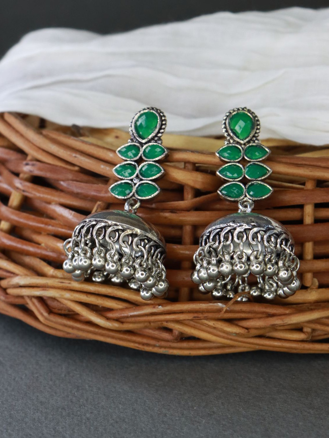 

I Jewels Silver Oxidised Green Kundan & Stone Studded Jhumkas Earrings