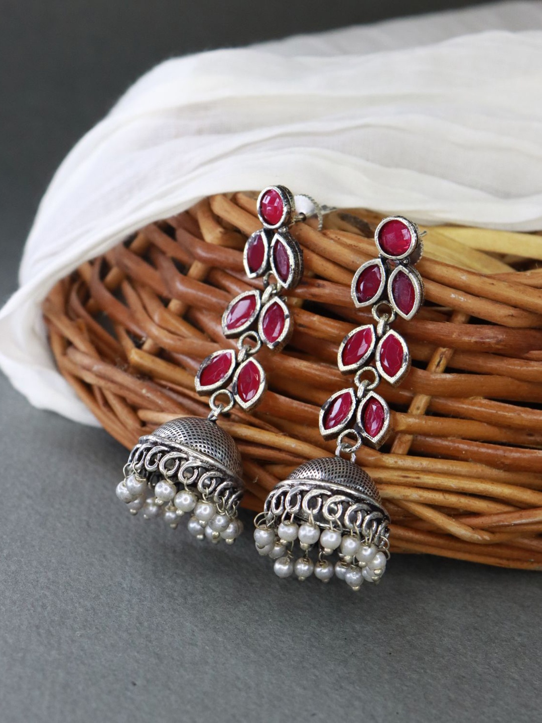 

I Jewels Pink Silver Oxidised Contemporary Jhumka Earrings