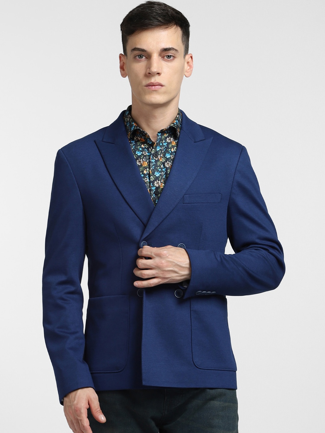 

Jack & Jones Men Solid Double-Breasted Slim-Fit Causal Blazers, Blue