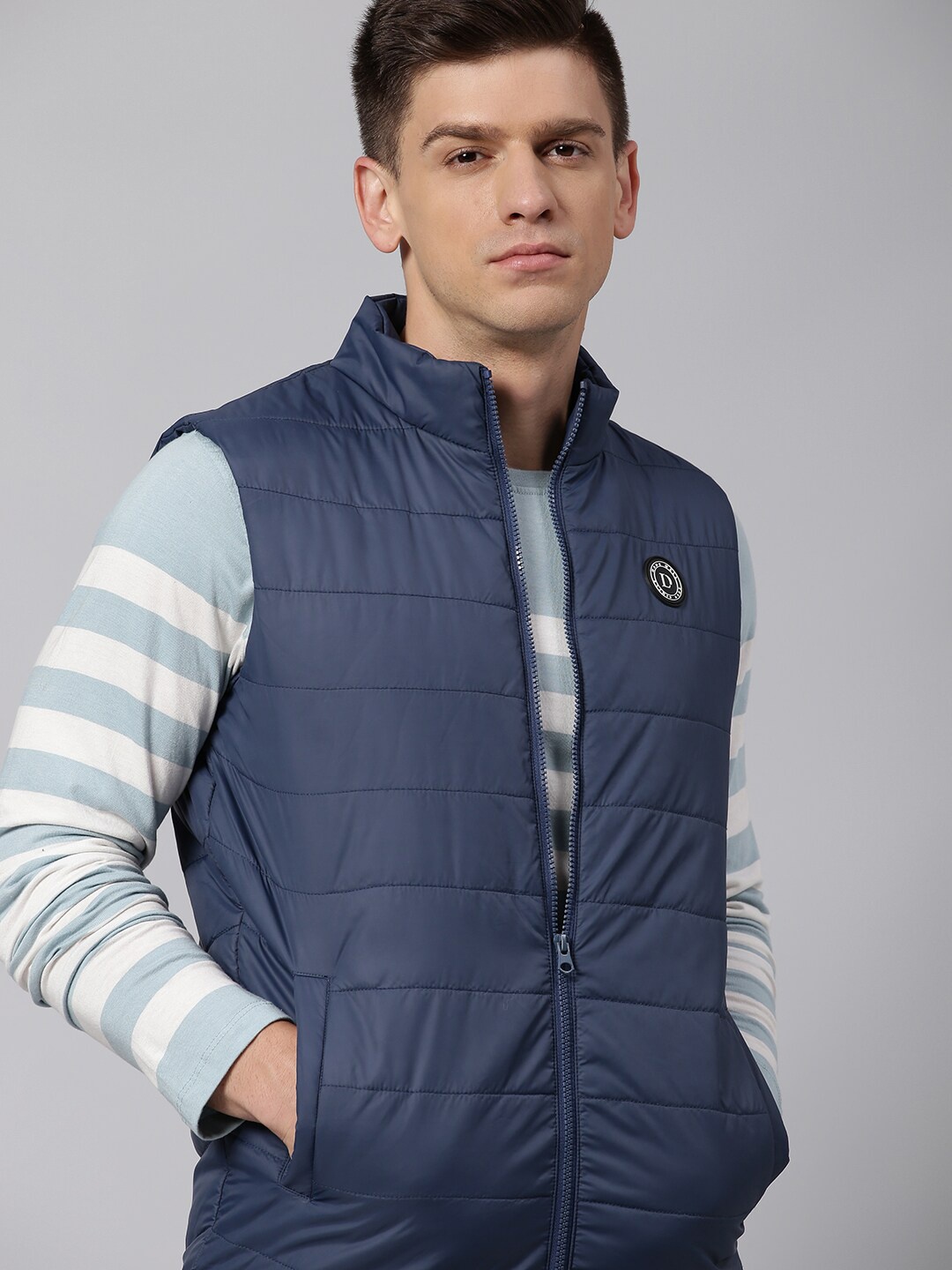 

Dennis Lingo Men Lightweight Outdoor Padded Jacket with Patchwork, Navy blue