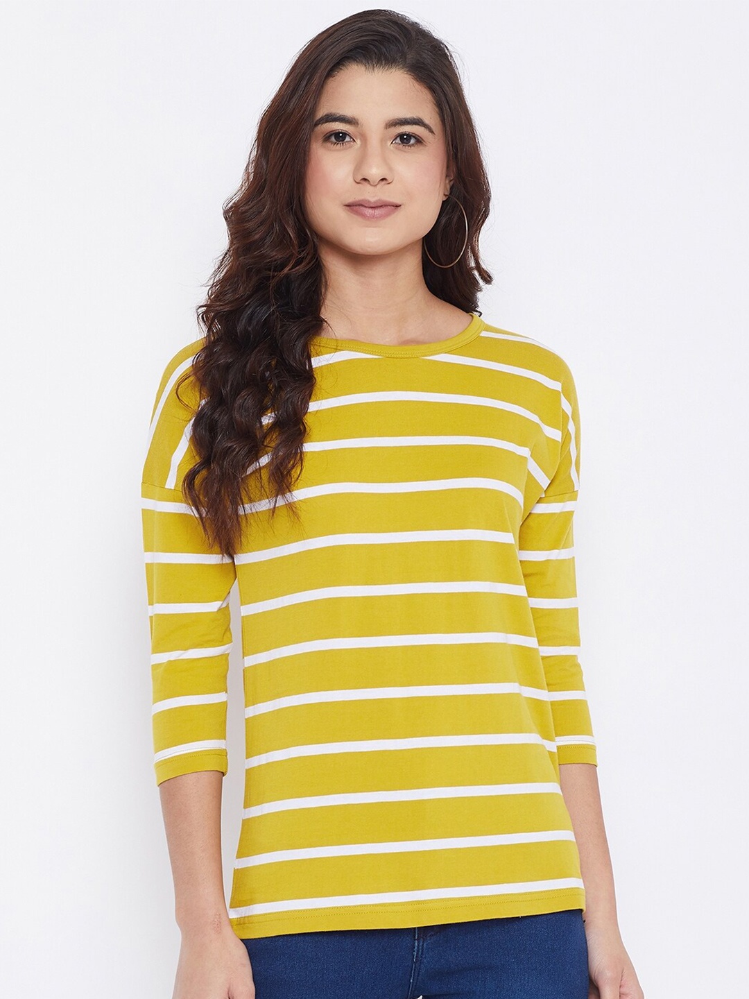 

Hypernation Women Striped Extended Sleeves Slim Fit T-shirt, Yellow