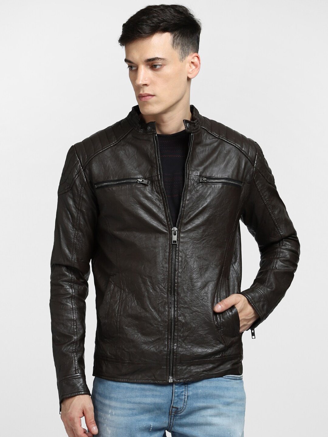 

Jack & Jones Men Leather Biker Jacket, Brown
