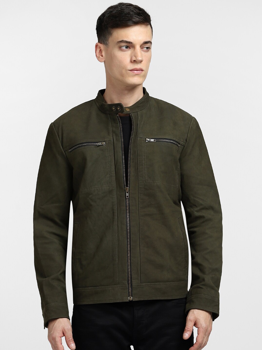 

Jack & Jones Men Green Leather Tailored Jacket