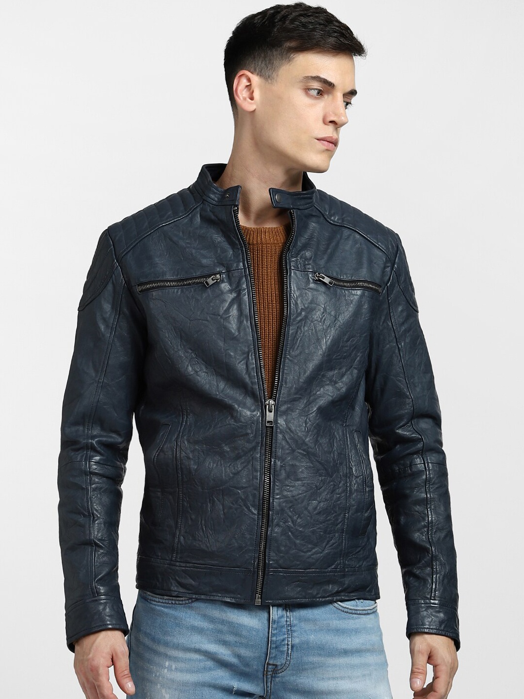 

Jack & Jones Men Blue Camouflage Leather Bomber Jacket