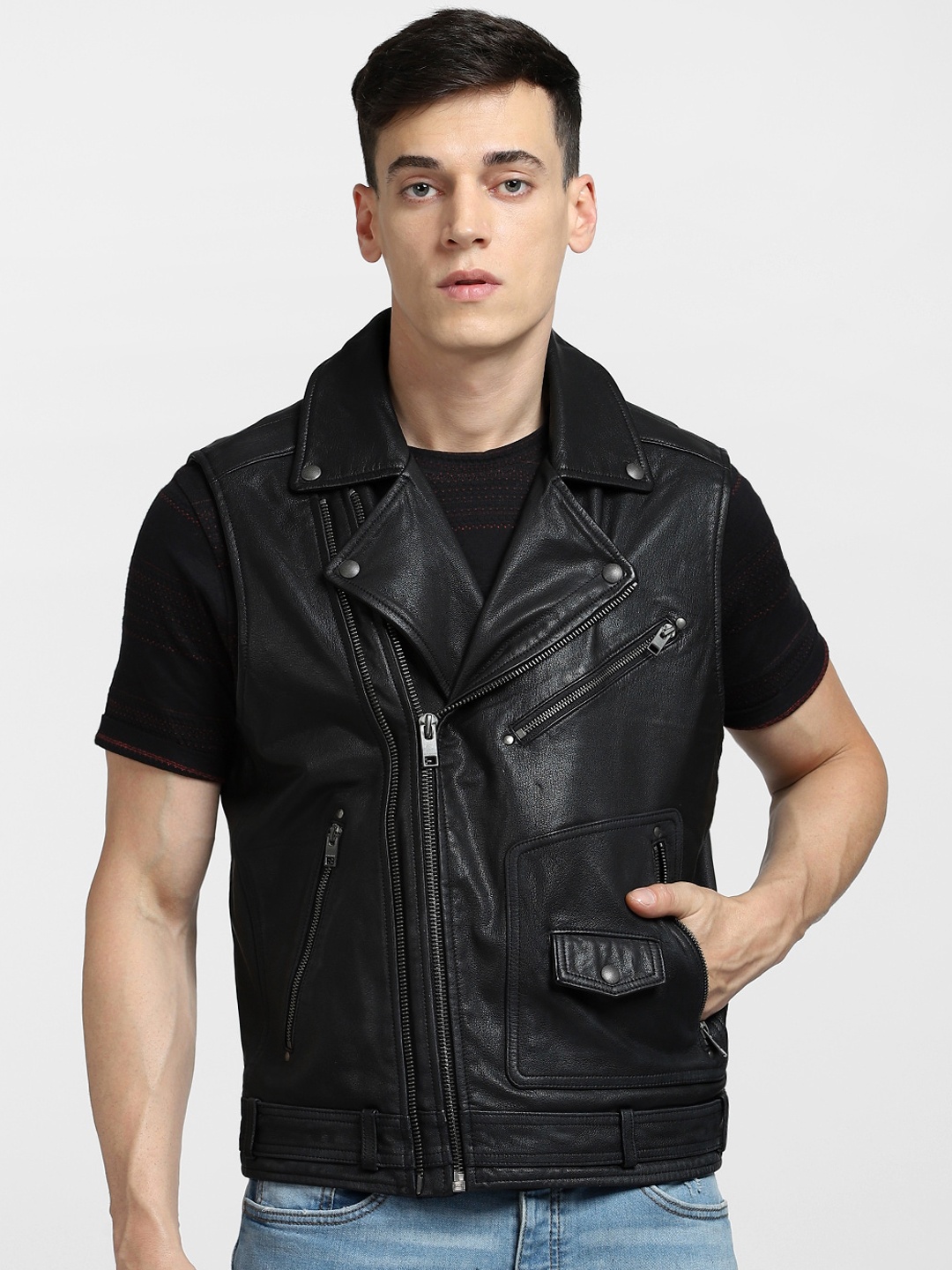 

Jack & Jones Men Leather Biker Jacket, Black