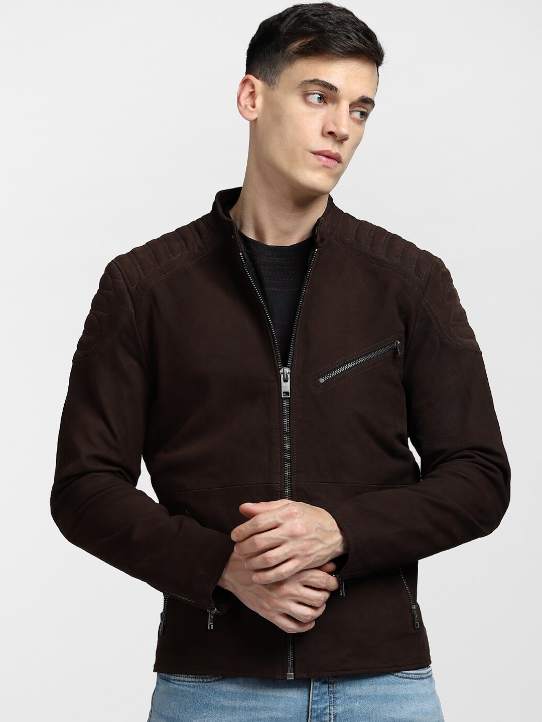 

Jack & Jones Men Camouflage Leather Open Front Jacket, Brown