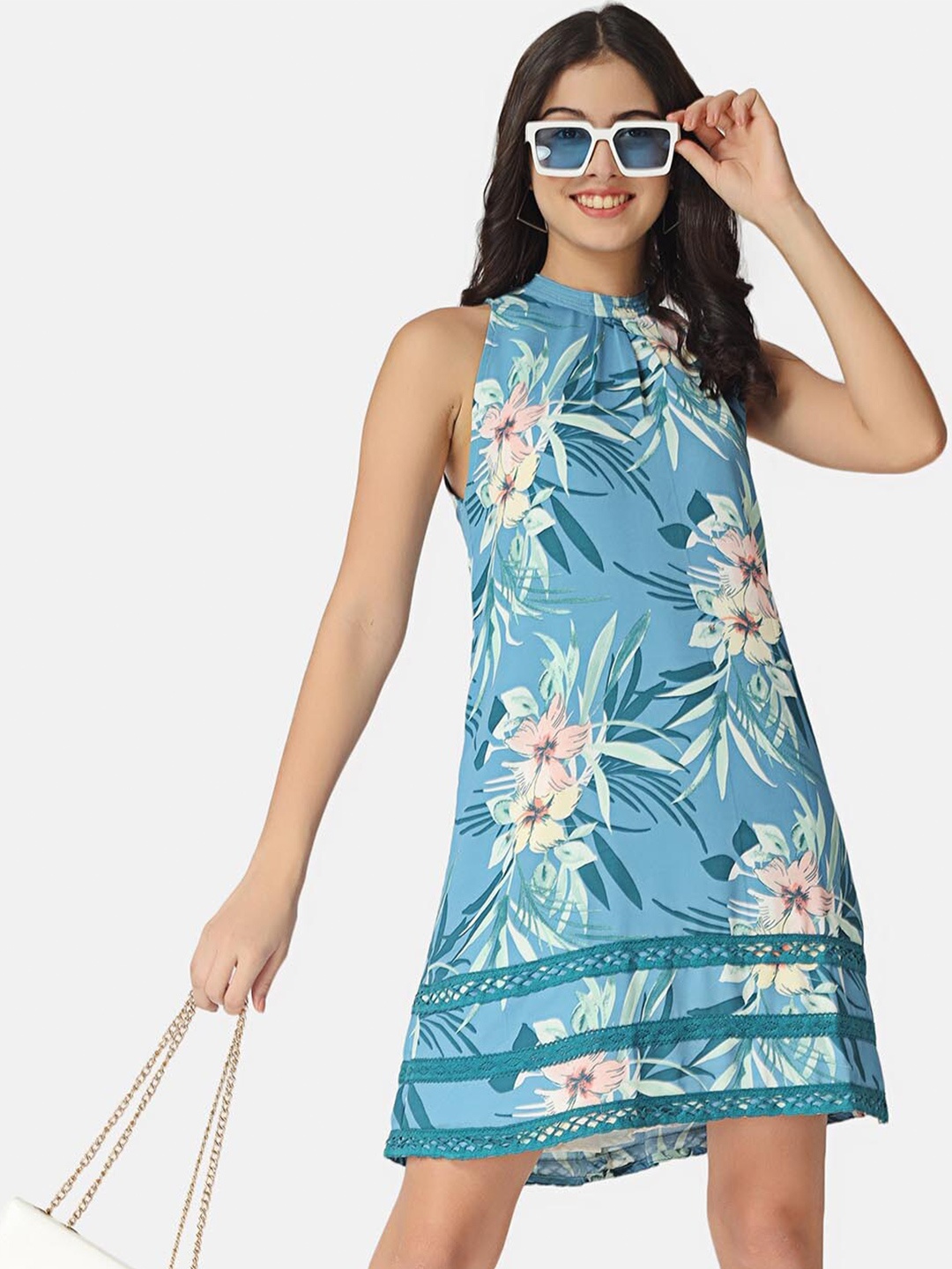 

angloindu Floral Crepe A-Line Dress, Blue