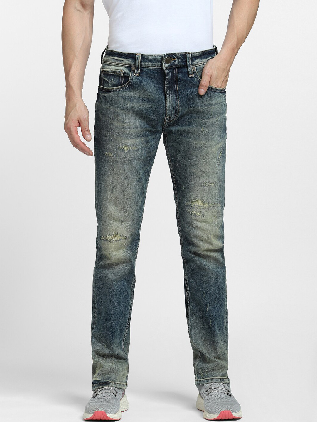 

Jack & Jones Men Slim Fit Low-Rise Low Distress Heavy Fade Jeans, Blue