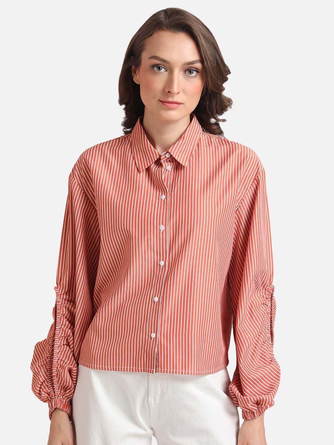 

Kazo Women Slim Fit Striped Casual Shirt, Orange