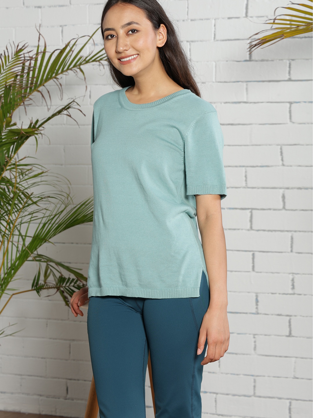 

Blissclub Round Neck Short Sleeves Cotton Regular Top, Sea green