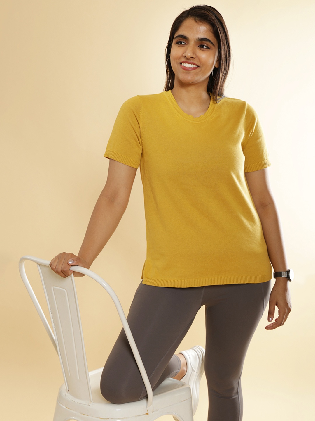 

Blissclub Round Neck Short Sleeves Cotton Regular Top, Mustard