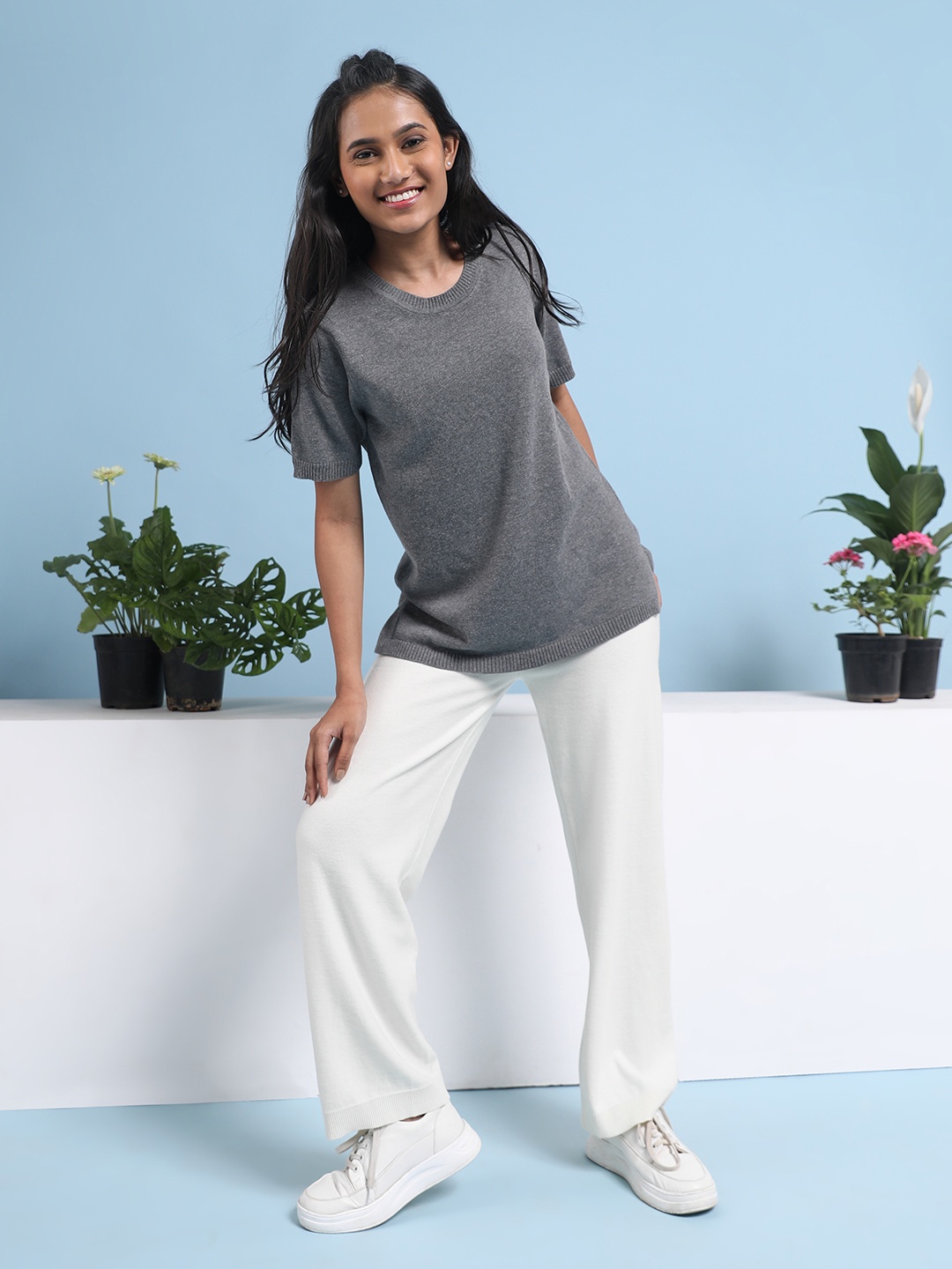 

Blissclub At Ease Cotton Knit Half Sleeve Top, Grey melange
