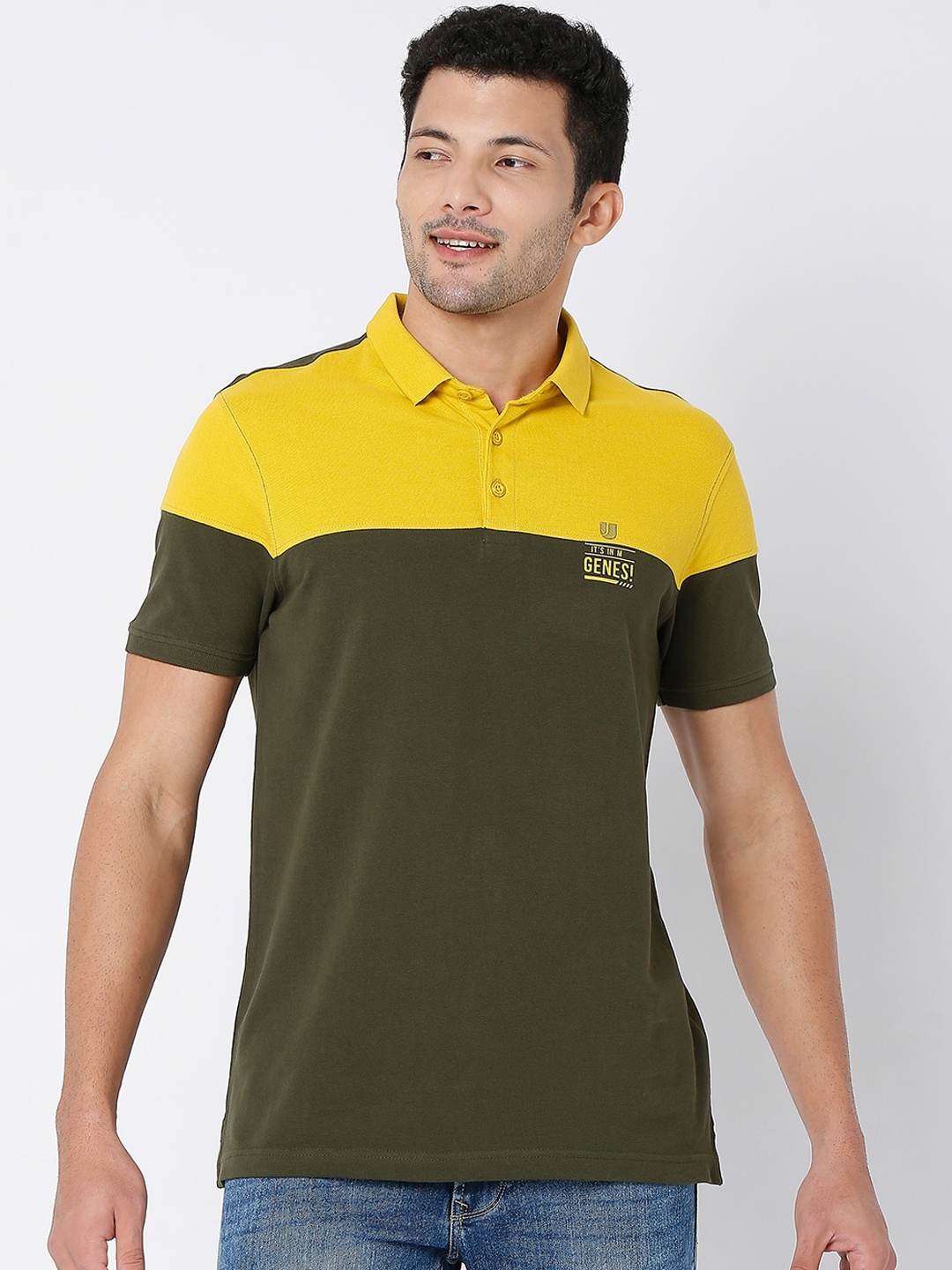 

UnderJeans by Spykar Men Colourblocked Polo Collar Cotton T-shirt, Green