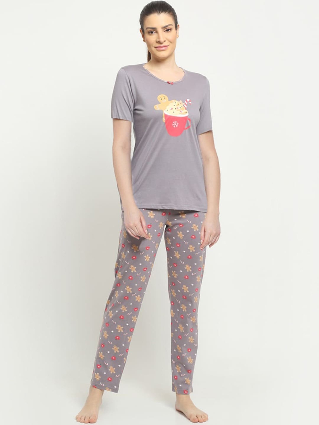 

Kanvin Women Printed Pure Cotton Night suit, Grey