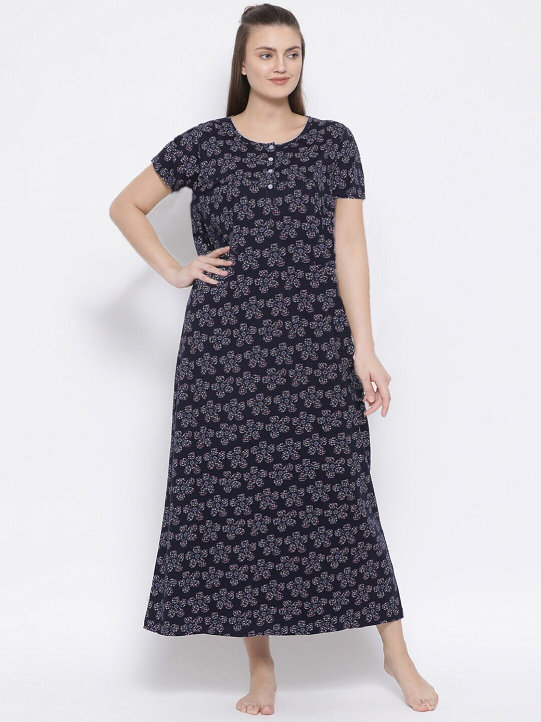 

Kanvin Women Printed Maxi Pure Cotton Nightdress, Navy blue