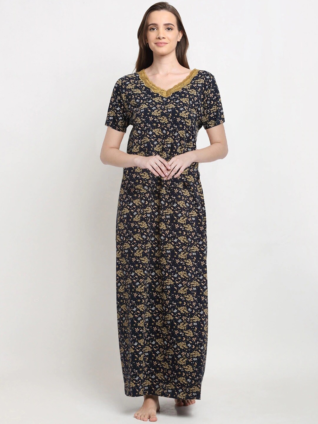 

Kanvin Women Printed Maxi Pure Cotton Nightdress, Navy blue