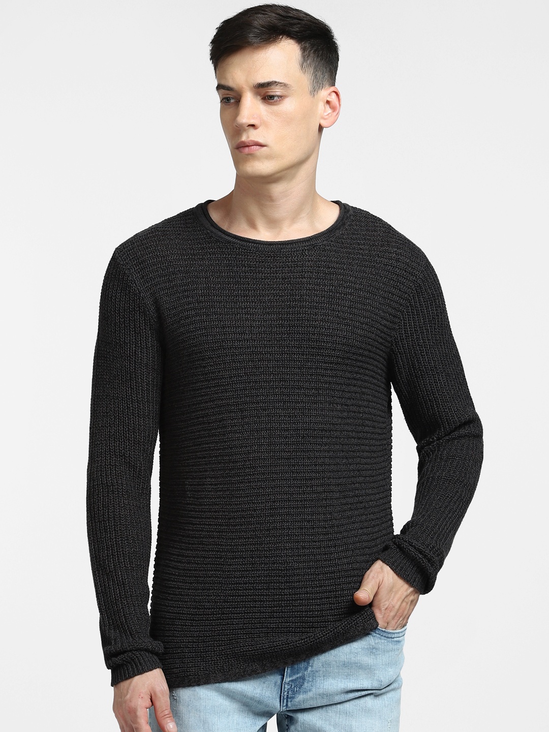 

Jack & Jones Men Solid Round Neck Long Sleeves Pullover, Black