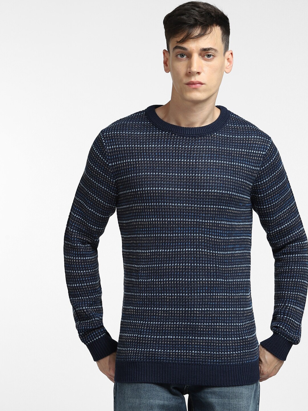 

Jack & Jones Men Round Neck Striped Pullover, Navy blue