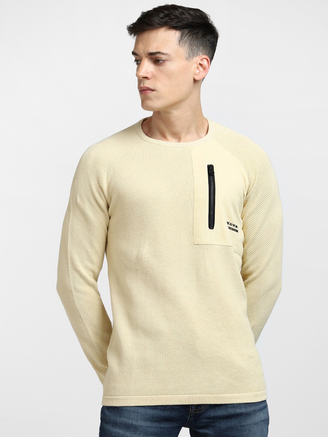 

Jack & Jones Men Typography Half Zipper Printed Pullover, Beige