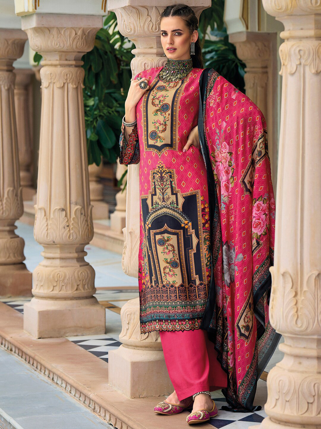 

Stylee LIFESTYLE Women Magenta & Maroon Printed Pure Silk Unstitched Dress Material