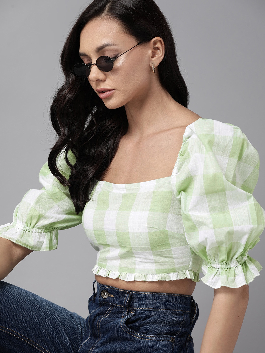 

The Roadster Lifestyle Co. Checked Puff Sleeve Pure Cotton Crop Top, Green