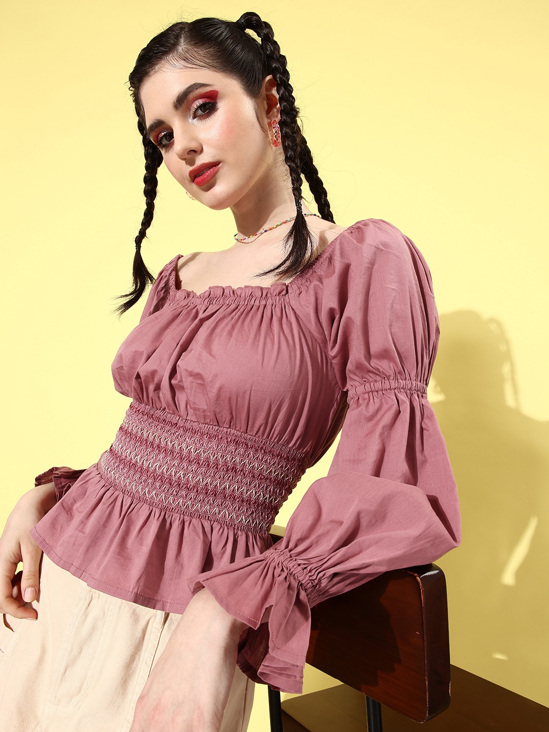 

The Roadster Lifestyle Co. Self Design Embroidered Peplum Top, Rose