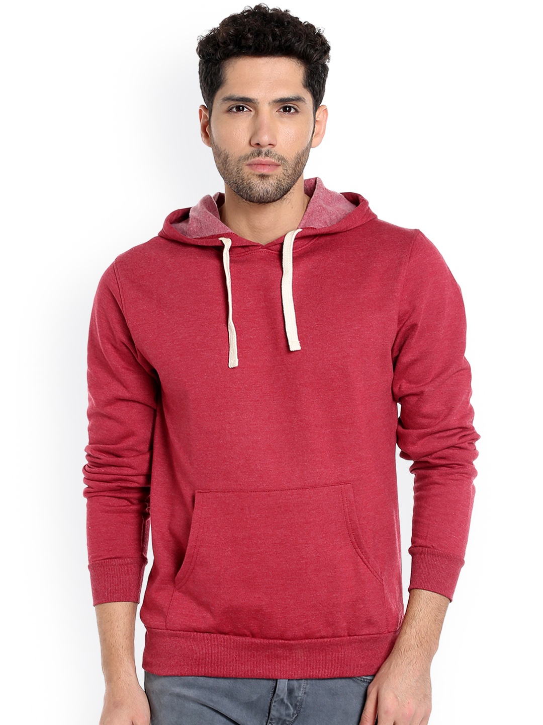 

Campus Sutra Men Maroon Solid Hooded Sweatshirt