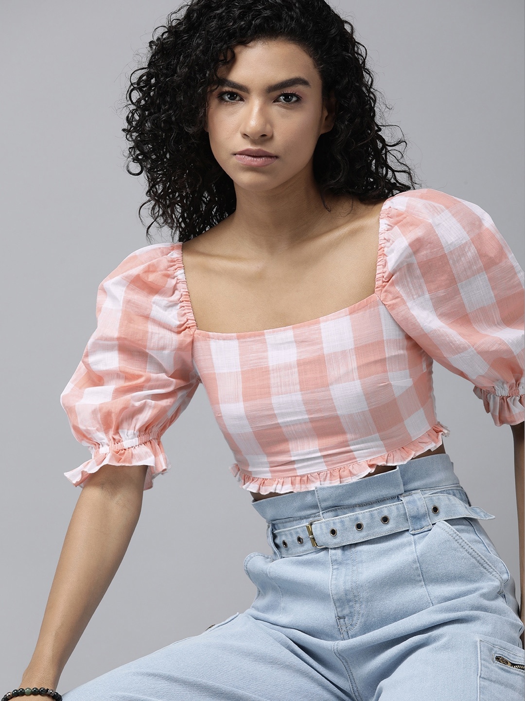 

The Roadster Lifestyle Co. Checked Ruched Pure Cotton Crop Top, Peach
