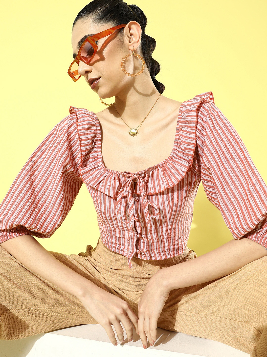 

Roadster Red Vertical Striped Statement Collar Top