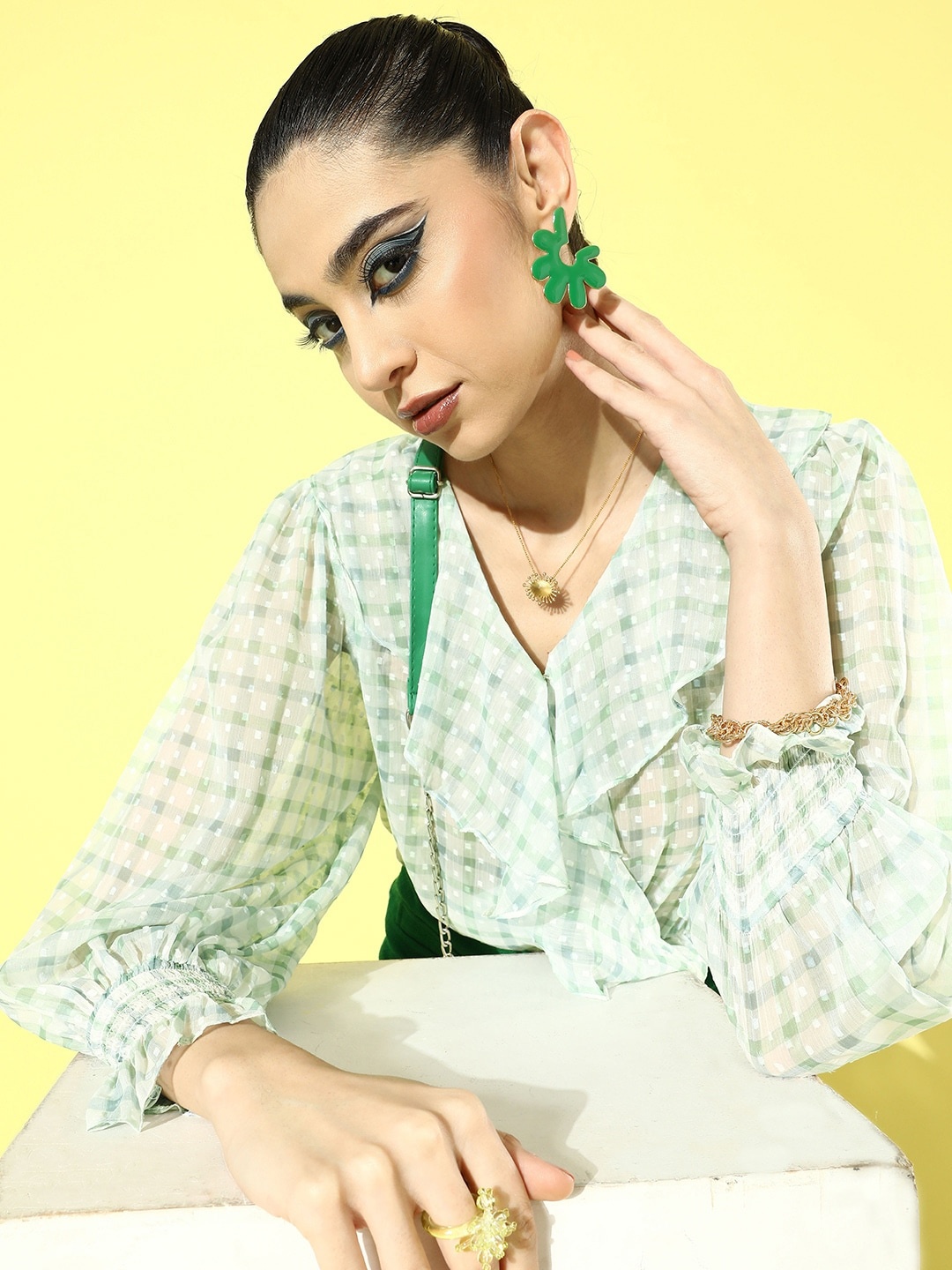 

Roadster Green & White Checked Ruffles Blouson Crop Top