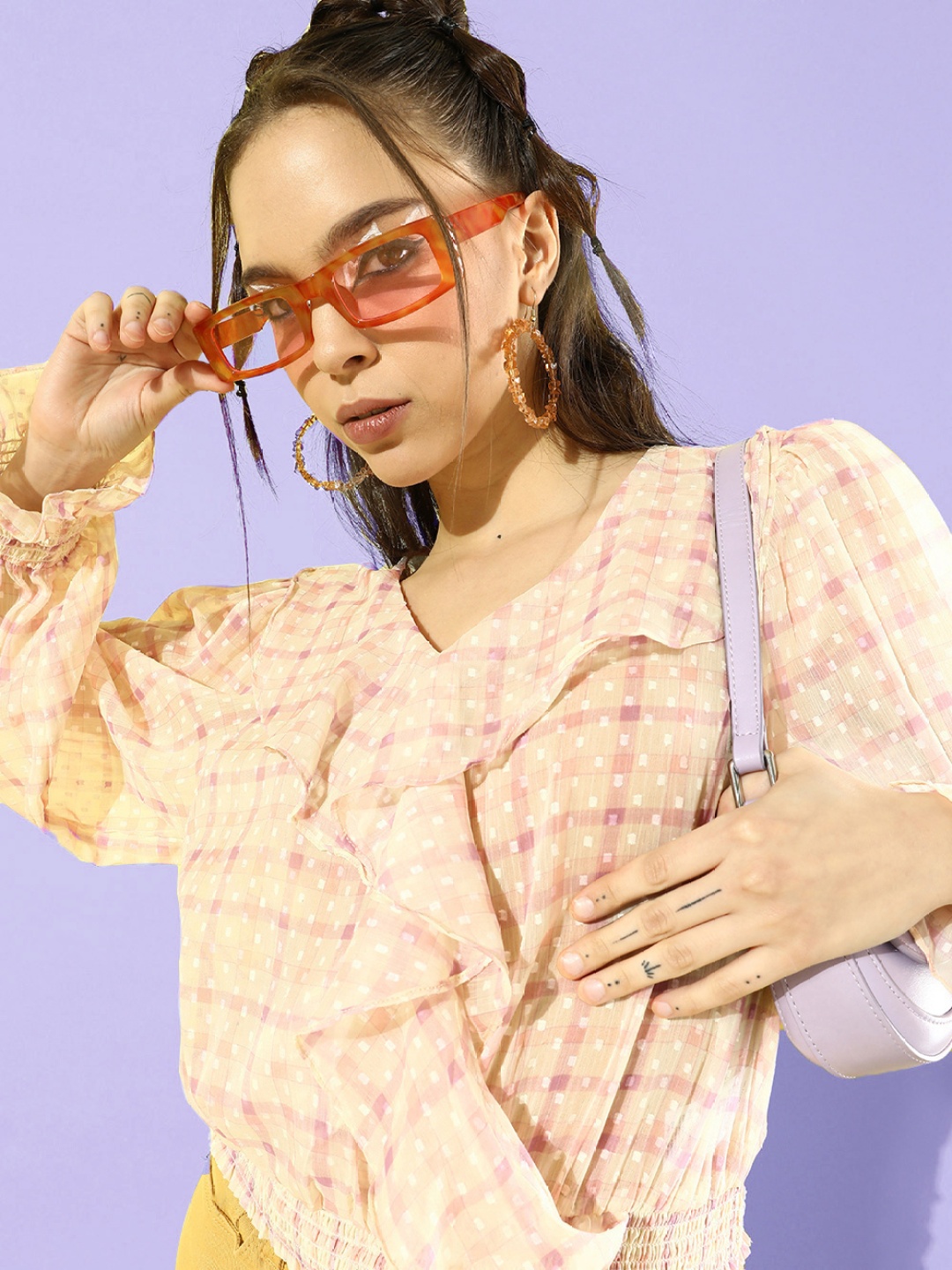 

Roadster Pink & Purple Checked Ruffles Blouson Top