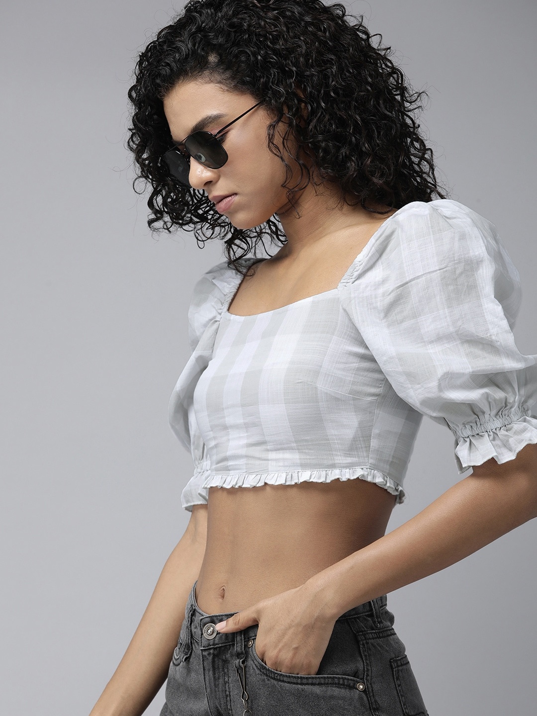 

The Roadster Lifestyle Co. Checked Ruched Pure Cotton Crop Top, Grey