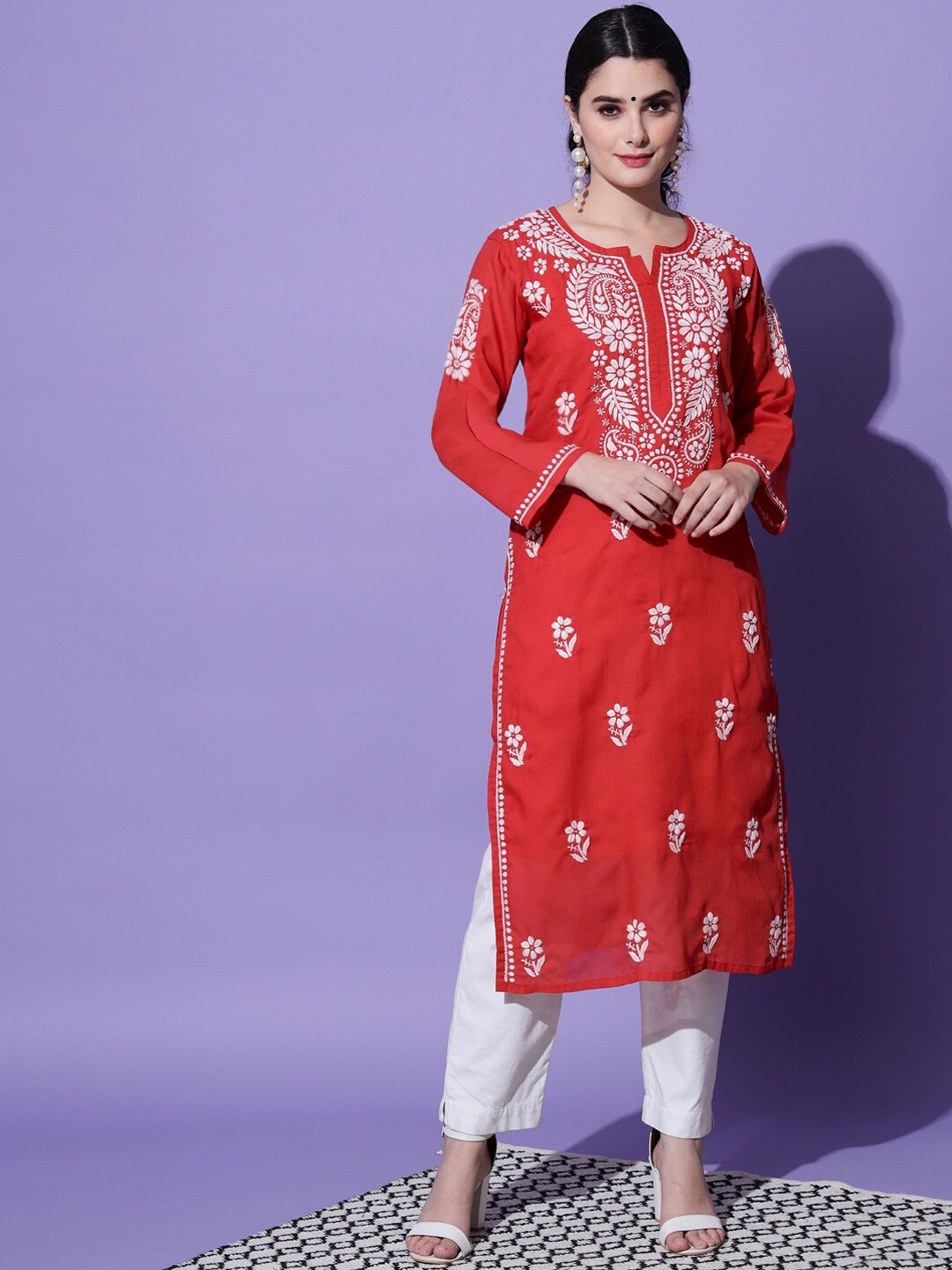 

PARAMOUNT CHIKAN Women Red Ethnic Motifs Embroidered Chikankari Kurta