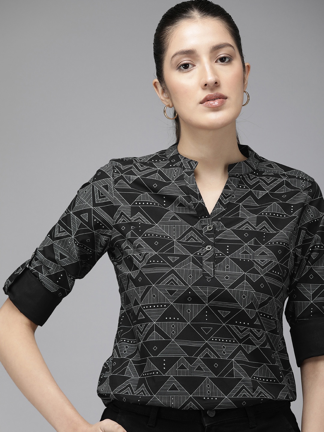 

The Roadster Life Co. Geometric Print Pure Cotton Shirt Style Top, Black