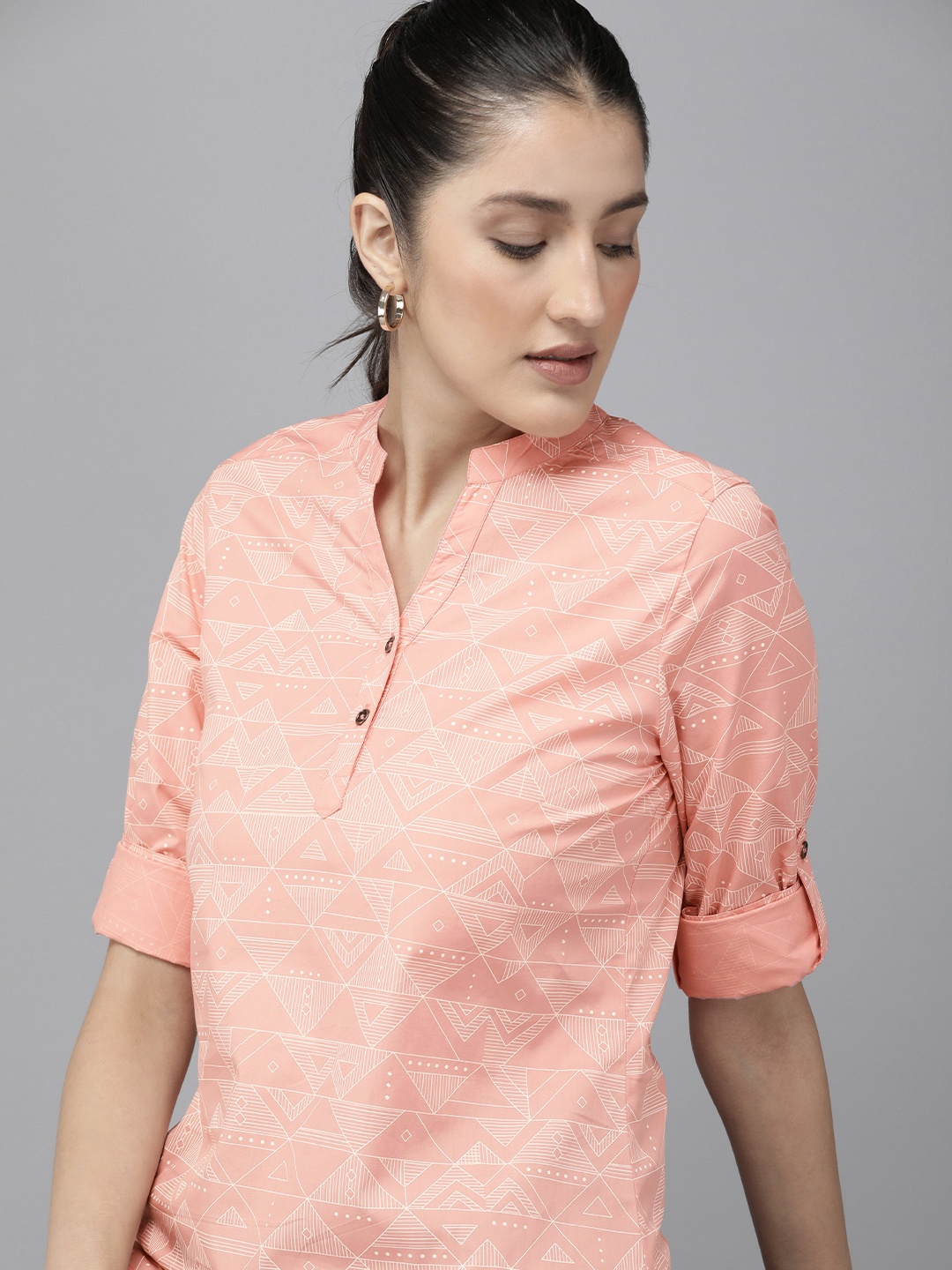 

The Roadster Life Co. Geometric Print Pure Cotton Shirt Style Top, Peach